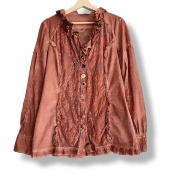 ELISA CAVALETTI Italy Button Down Boho Lace Ruffle Blouse Rust Red Sz M - Picture 1 of 10